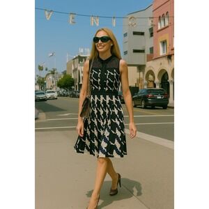 Trina Turk Dress Sleeveless Fit & Flare Houndstooth Pleated Career